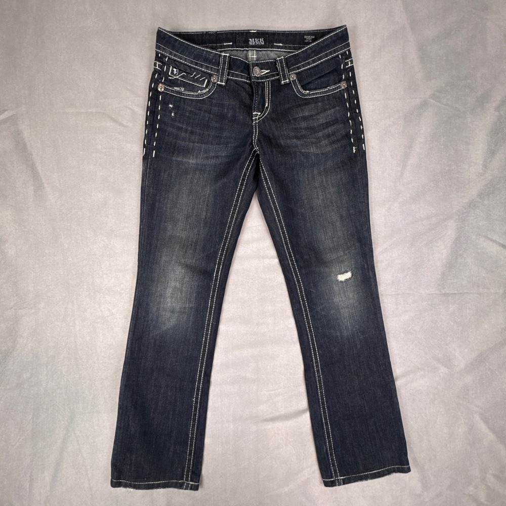 MEK Denim Handcrafted Y2K Bootcut Jeans Embroidered Pockets Contrast Stitch